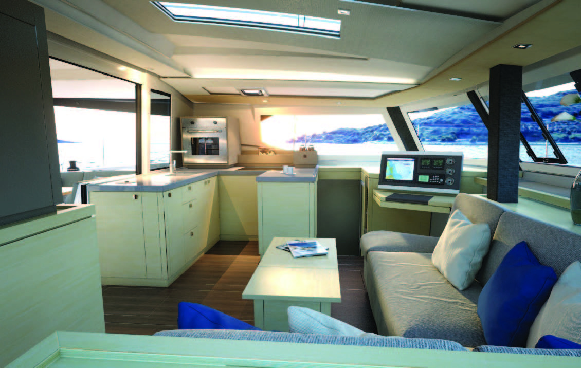 Galley and saloon in NEW 42 Fountaine Pajot sailing catamaran