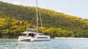 Sailing catamaran Fountaine Pajot FP 51 at anchor with Caribbean yacht dealer Caribbean Multihulls