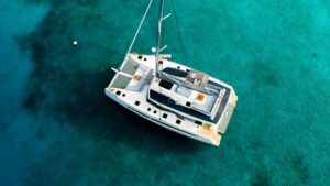 Sailing catamaran Fountaine Pajot FP 51 at anchor with Caribbean yacht dealer Caribbean Multihulls
