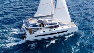 Drone view of Fountaine Pajot FP 51 with Caribbean yacht dealer Caribbean Multihulls