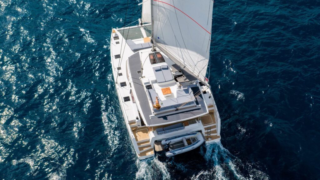 Drone view of Fountaine Pajot FP 51 with Caribbean yacht dealer Caribbean Multihulls