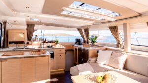 Salon and galley in Fountaine Pajot FP 51 with Caribbean yacht dealer Caribbean Multihulls