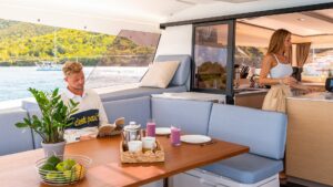 Back cockpit table and galley in Fountaine Pajot FP 51 with Caribbean yacht dealer Caribbean Multihulls