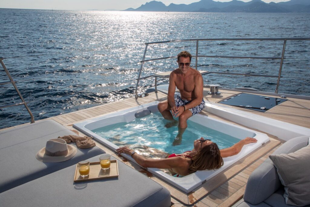 Luxury Fountaine Pajot Yachts Power 80 at mooring - Jacuzzi on the front deck