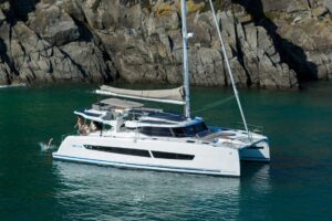 Drone view of Fountaine Pajot FP48 sailing catamaran - for sale by Caribbean Multihulls yacht dealer