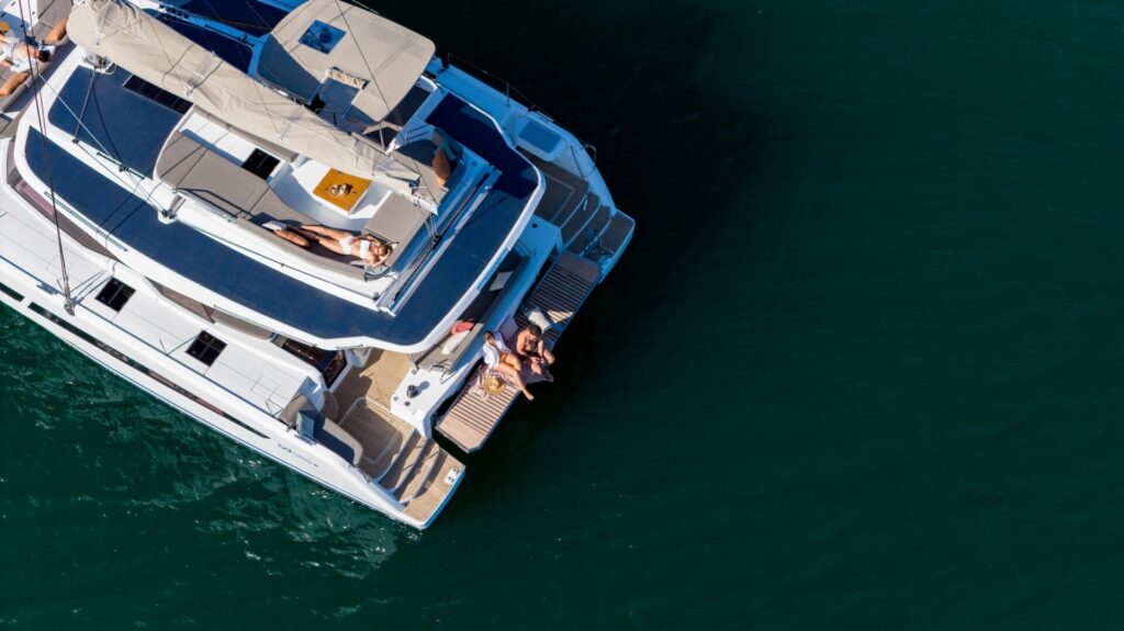 Drone view of Fountaine Pajot FP48 sailing catamaran - for sale by Caribbean Multihulls yacht dealer