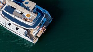 Drone view of Fountaine Pajot FP48 sailing catamaran - for sale by Caribbean Multihulls yacht dealer