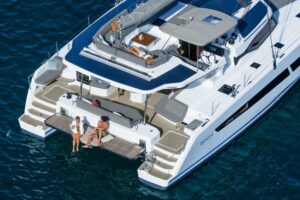 Drone view of Fountaine Pajot FP48 sailing catamaran - for sale by Caribbean Multihulls yacht dealer