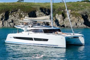 Drone view of Fountaine Pajot FP48 sailing catamaran - for sale by Caribbean Multihulls yacht dealer