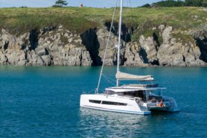 Drone view of Fountaine Pajot FP48 sailing catamaran - for sale by Caribbean Multihulls yacht dealer
