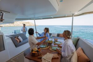 Cockpit in Fountaine Pajot FP48 sailing catamaran - for sale by Caribbean Multihulls yacht dealer