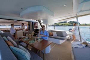 Cockpit in Fountaine Pajot FP48 sailing catamaran - for sale by Caribbean Multihulls yacht dealer