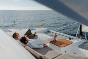 Front cockpit in Fountaine Pajot FP48 sailing catamaran - for sale by Caribbean Multihulls yacht dealer